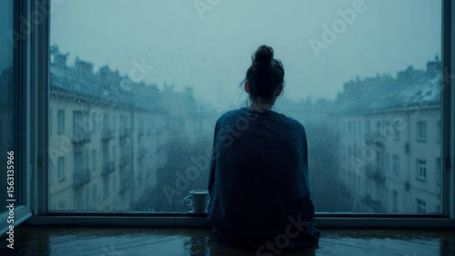 Person sitting by window on rainy day