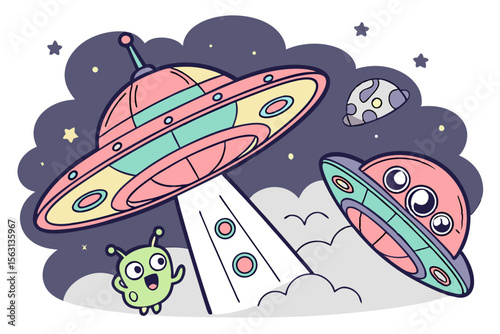 Colorful Vector Illustration of Aliens in a Flying Saucer UFO