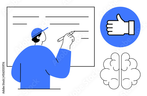 Individual writing on a whiteboard, accompanied by a thumbs-up icon and a brain outline. Ideal for education, brainstorming, creativity, communication, learning, motivation, simple landing page