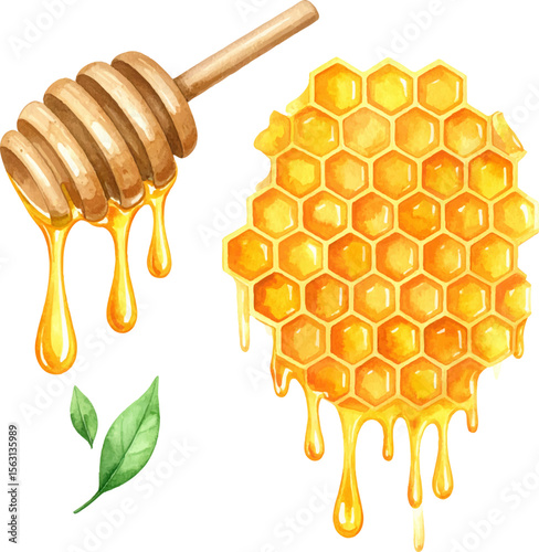 Golden honey drips from a natural honeycomb, revealing a sweet, waxy, yellow, hexagonal pattern in the beehive, a healthy food from nature's bees