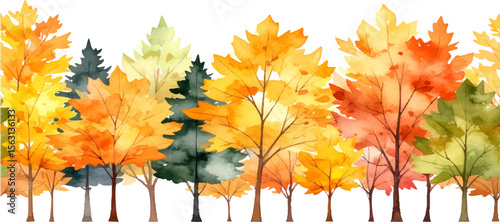 Bright colorful autumn maple leaves frame a golden forest scene
