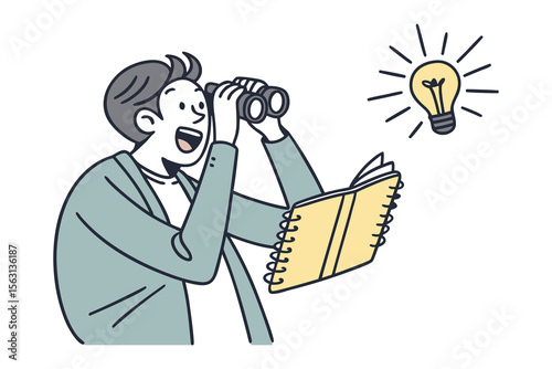 Enthusiastic person with binoculars and notebook discovers a bright idea represented by a glowing light bulb