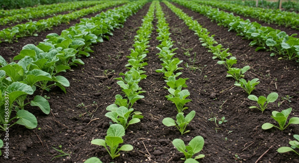 rows of fresh green vegetables growing in soil rows of fresh green vegetables growing in soil