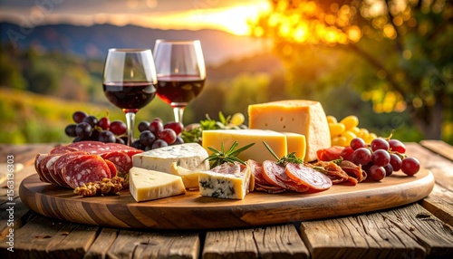 Sunset picnic featuring red wine, assorted cheeses, cured meats, and grapes on a rustic wooden board.