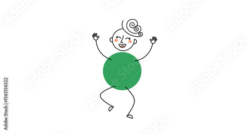 A joyful child with a green circle belly and curly hair is jumping up and down with excitement and happiness
