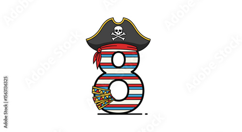 A nautical number eight featuring a pirate captains hat and treasure chest emblem