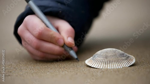 Hand holding pen over a seashell on sand