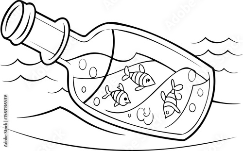 Bottle floats on water containing fish and bubbles, creating whimsical scene, coloring book for children