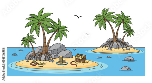 Explore a deserted tropical island paradise and discover a hidden treasure chest filled with riches
