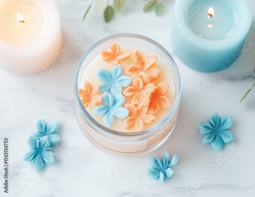 Small, clear glass candle holder filled with  decorative, pastel-colored flowers, surrounded by other candles