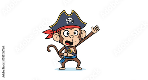 Adorable cartoon monkey dressed as a pirate waving hello with a joyful expression and pirate hat
