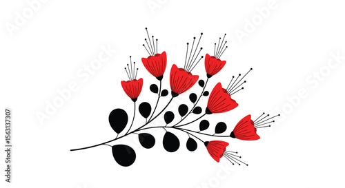 Vibrant red wildflowers gently swaying on a delicate branch with dark leaves