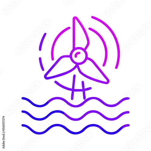 Wind turbine generating energy over water with wavy lines  