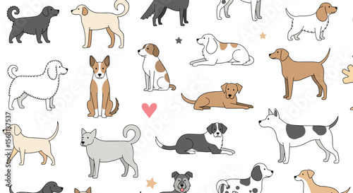 An adorable collection of illustrated dogs in various poses and breeds showcasing their playful and lovable personalities