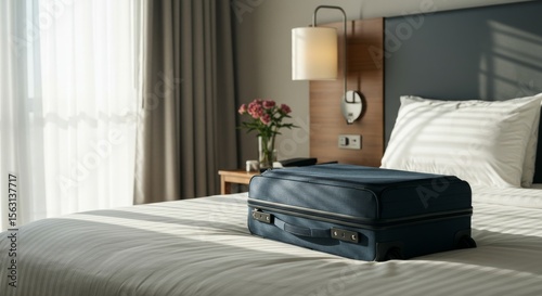 stylish suitcase on hotel bed in bright room