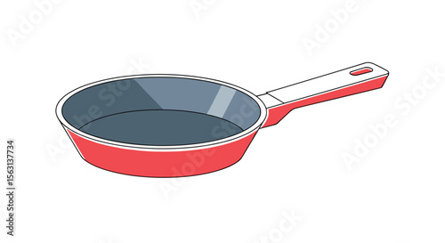A simple cartoon illustration of a red frying pan with a white handle designed for cooking delicious meals