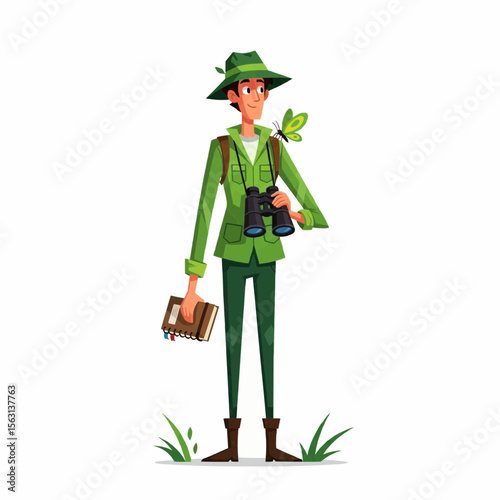 cartoon character of a forest biologist holding a notebook and binoculars