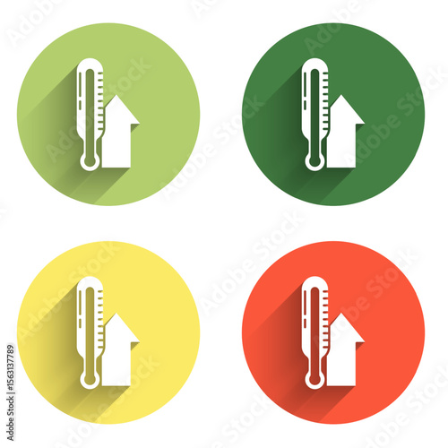 Set Meteorology thermometer measuring icon isolated with long shadow background. Thermometer equipment showing hot or cold weather. Color circle button. Vector