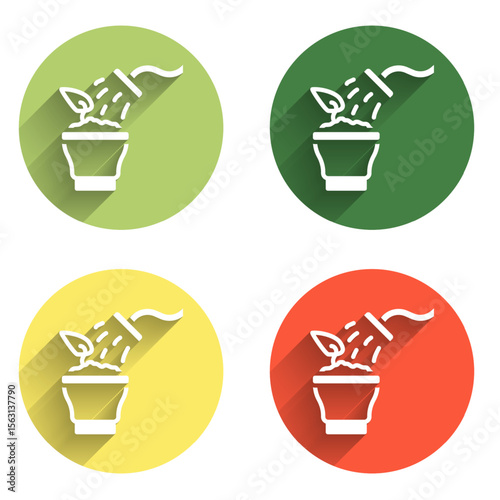 Set Spraying a house plant with a spray gun icon isolated with long shadow background. Moistening of foliage. Care for home flowers. Color circle button. Vector