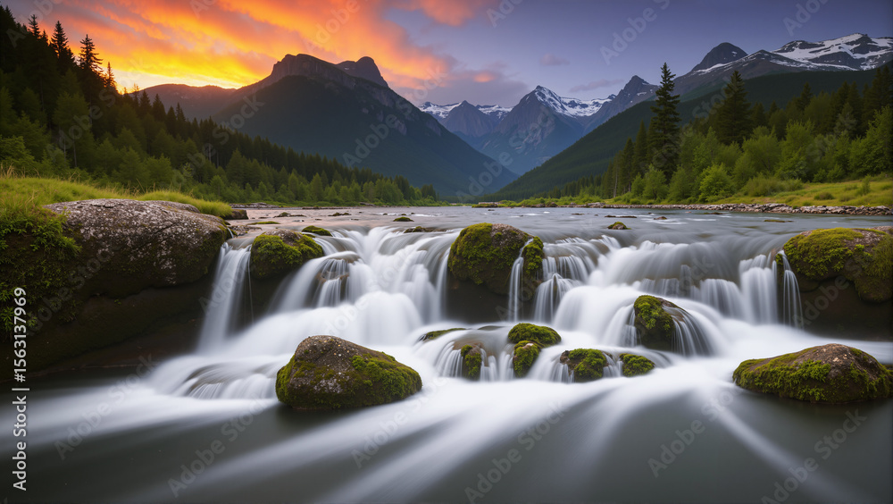 Fototapeta premium Beautiful waterfall in the forest. Twilight with sunlight.