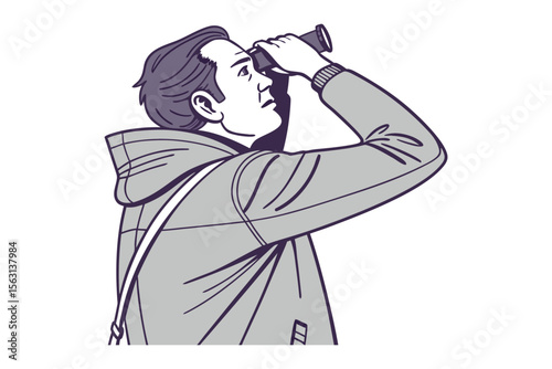 Man wearing a hooded jacket looking through binoculars focused on a distant object with determination
