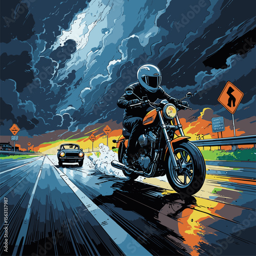 illustration of a motorbike with a highway background