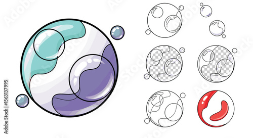 Abstract spherical orb design with floating bubbles and swirling patterns