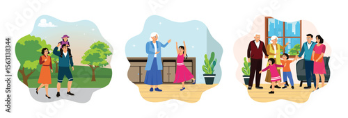 Happy family spending time together, grandmother and granddaughter joyfully dancing in the house.