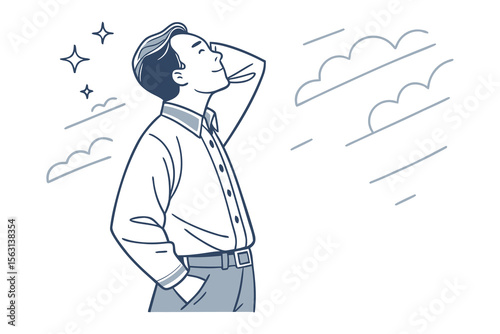 A man in a white shirt and blue pants looks up at the sky with a hopeful expression his hand behind his head