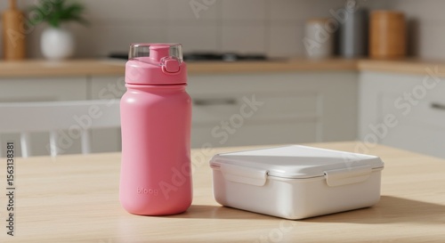 pink water bottle and lunch box on kitchen table