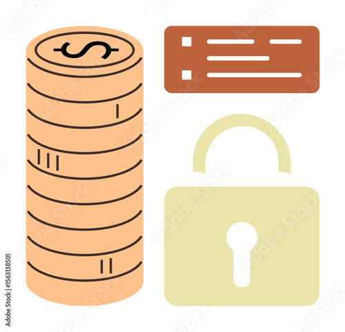 Stack of coins, checklist, and padlock representing finance protection, financial planning, savings, data security, secure transactions, budgeting and trust. Ideal for economic stability simple