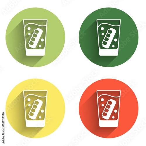 Set False jaw in glass icon isolated with long shadow background. Dental jaw or dentures, false teeth with incisors. Color circle button. Vector