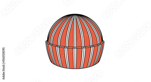 Circular knitted beanie hat with vertical stripes in orange and white with a ribbed brim