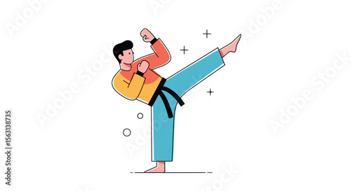 A young man performing a powerful martial arts kick during a practice session displaying athletic prowess and dedication