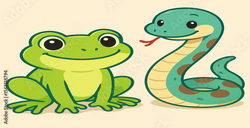 Flat Minimalist Frog and Snake Vector – Nature-Inspired Clean Animal Illustration
