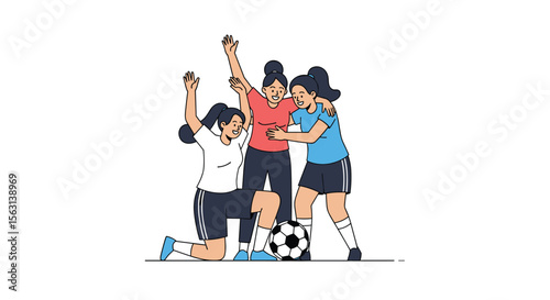 Three women soccer players celebrate victory on the field with arms raised high