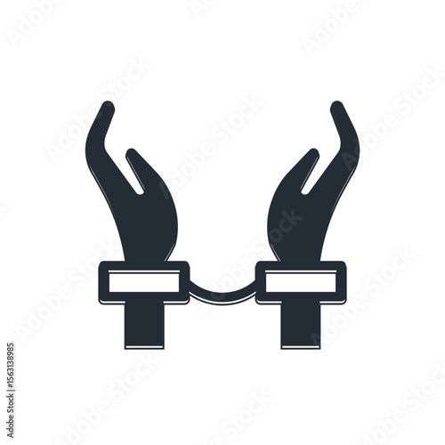 Black Handcuffs on hands of criminal man icon isolated on white background. Arrested man in handcuffs. A crime, arrest, business and corruption concept. Vector