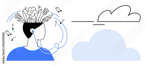 Person listening to music with plants blooming from head, music notes surrounding, cloud nearby. Ideal for creativity, mindfulness, relaxation, imagination, wellness, self-expression inspiration