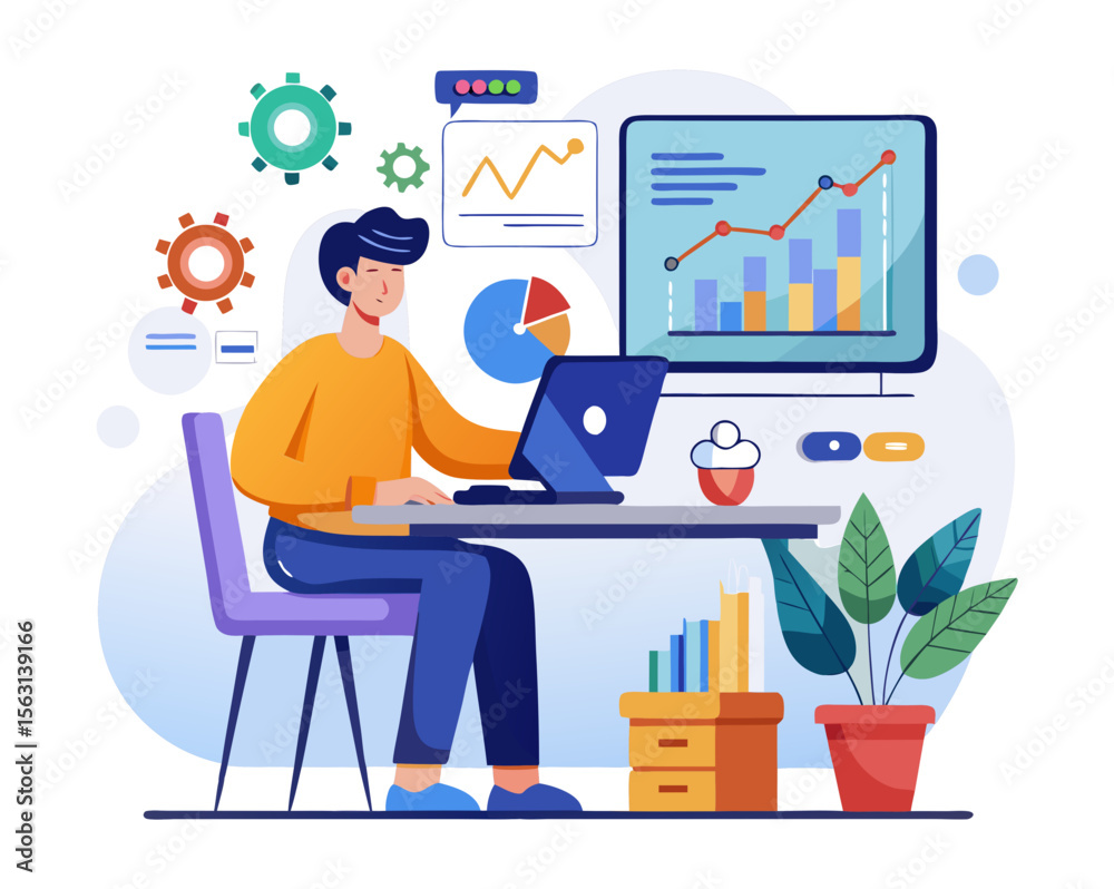 Fototapeta premium Man working on laptop with financial charts and graphs on screen
