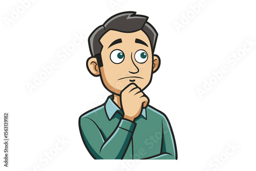 Cartoon man with dark hair wearing a teal shirt thoughtfully stroking his chin with his hand looking upwards with a pensive expression