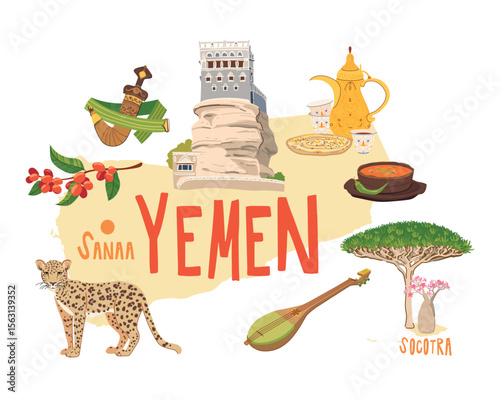 Vector map of Yemen and landmarks. Arabic coffee pot Dallah, Salta in a stone pot harada and flatbread Khubz mulawa. Palace on the rock or Dar al-Hajar. Dragon tree, Arabian leopard, Khanjar, Adenium.