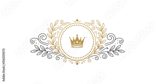 Elegant golden crown emblem surrounded by ornate laurel wreath and decorative flourishes exuding royal prestige