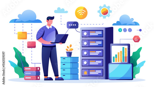 It professional managing data servers and cloud infrastructure with a laptop