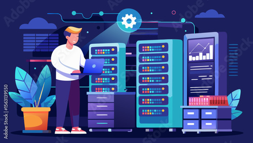 Man with laptop working in modern server room with data visualization