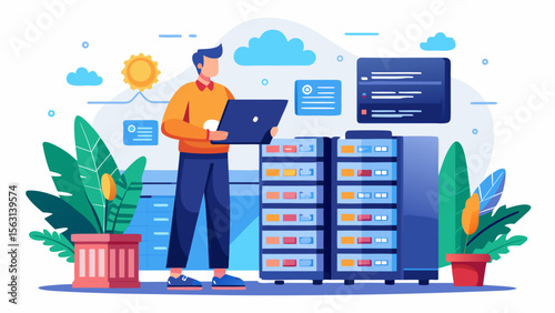 Man with laptop working in server room with plants and cloud technology