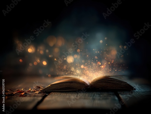 An open book emits glowing, magical light and sparkles, creating a mystical and enchanting atmosphere on a wooden surface.