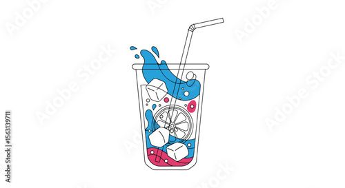 Refreshing cold drink with ice cubes and straw creating splashes of color and fun