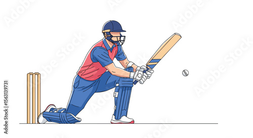 A dynamic illustration of a cricketer batting during a competitive sporting event