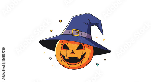 Spooky jack o lantern wearing a witch hat ready for halloween trick or treating fun