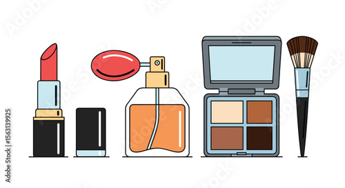 A collection of makeup items including lipstick perfume foundation powder and a makeup brush displayed together on a white background